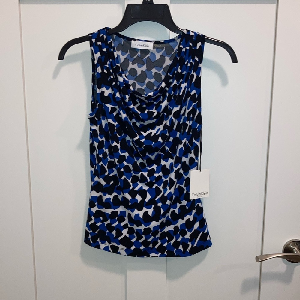 Petite NWT blue, white and black sleeveless top. Calvin Klein.